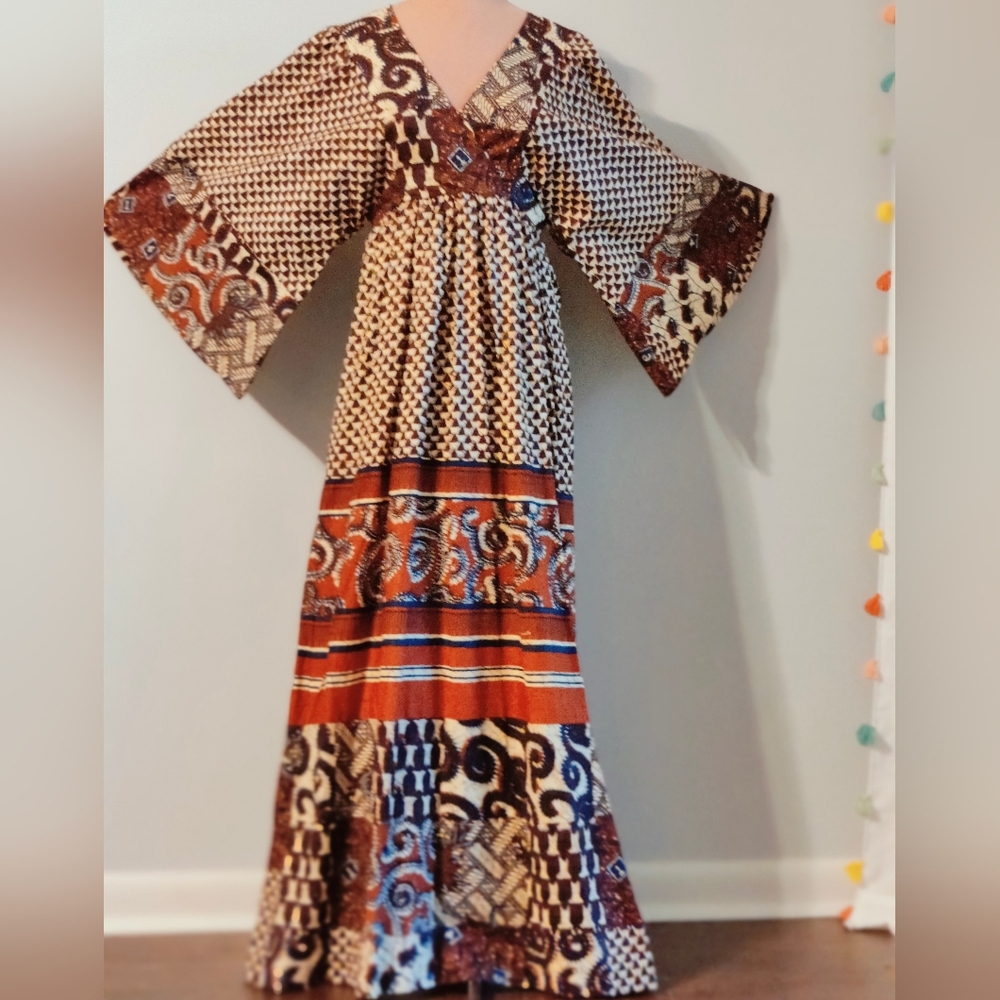 Indian block print Maxi Dress Butterfly Sleeves 70s Vintage natural cotton SM - Picture 9 of 15